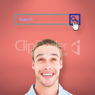 Composite image of portrait of smiling man in shirt looking up