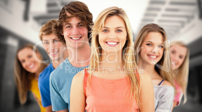 Composite image of group standing behind one another at varied a