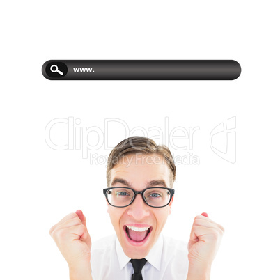 Composite image of geeky young hipster cheering at camera