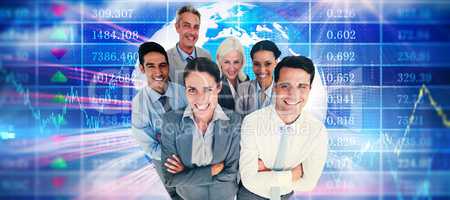 Composite image of smiling business people looking at camera wit