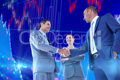 Composite image of business colleagues greeting each other