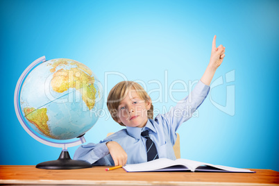 Composite image of cute pupil raising hand