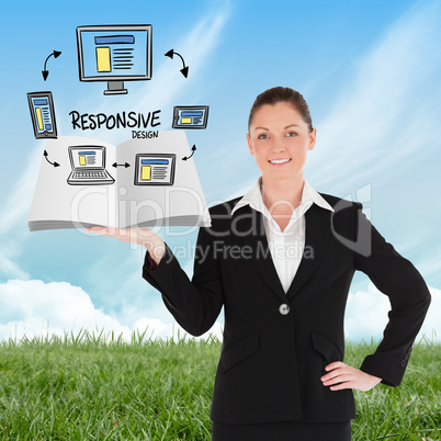 Composite image of businesswoman showing a book