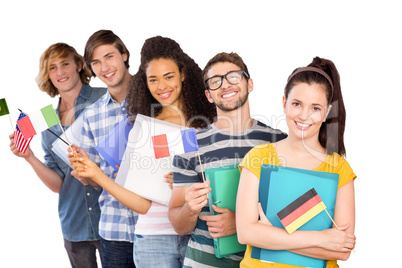 Composite image of college students holding flags