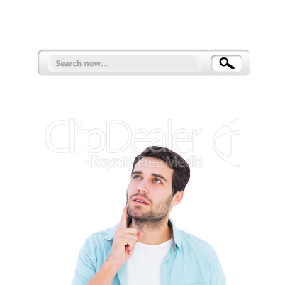 Composite image of happy casual man thinking with hand on chin