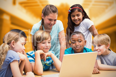 Composite image of cute pupils using tablet computer in library