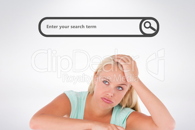 Composite image of close up of a sad woman standing behind a whi