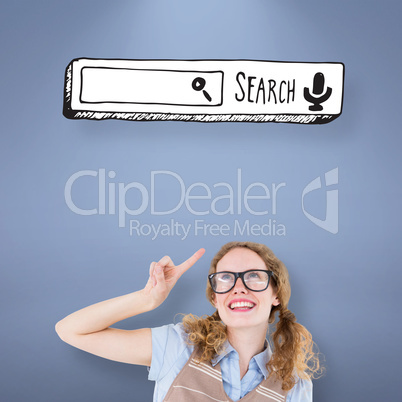 Composite image of geeky hipster woman pointing up