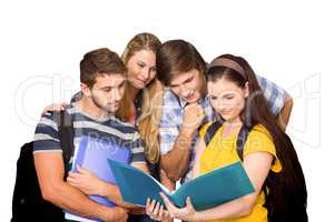 Composite image of students holding folders at college corridor