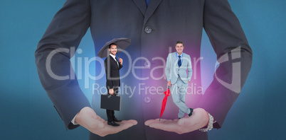 Composite image of smiling businessman under umbrella with a bri