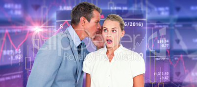 Composite image of  businessman telling secret to a businesswoma