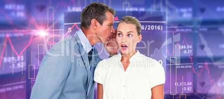 Composite image of  businessman telling secret to a businesswoma