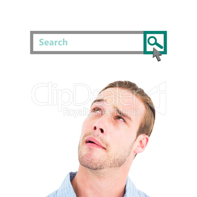 Composite image of thoughtful man in shirt looking up