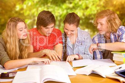 Composite image of college students doing homework in library