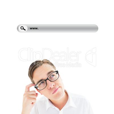 Composite image of geeky businessman scratching his head