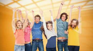 Composite image of celebrating friends jumping in the air