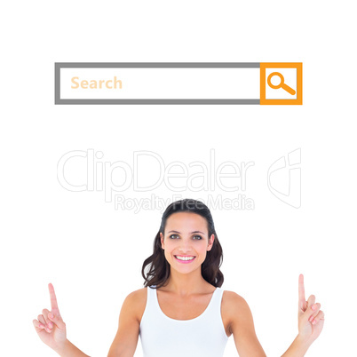 Composite image of pretty brunette pointing with fingers