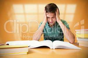 Composite image of student sitting in library reading