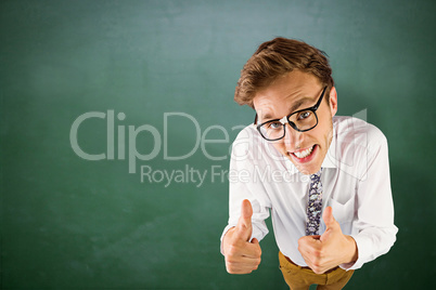 Composite image of young geeky businessman showing thumbs up Composite image of young geeky businessman showing thumbs up