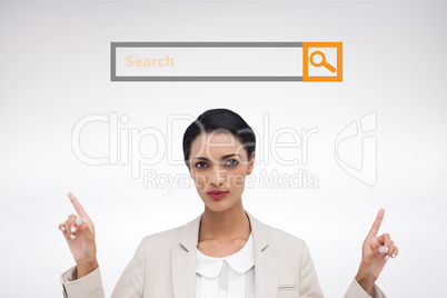 Composite image of serious businesswoman with hands up