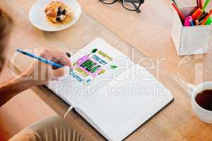 Composite image of man writing notes on diary