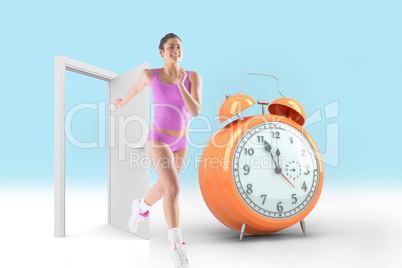 Composite image of fit brunette running and jumping