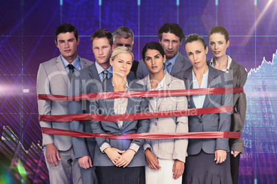 Composite image of upset business team fastened with adhesive ta