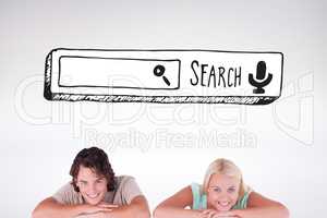 Composite image of smiling couple leaning on a whiteboard