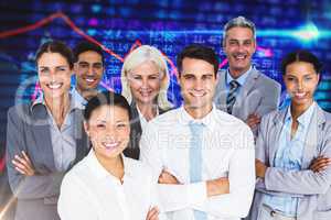 Composite image of business people looking at camera with arms c