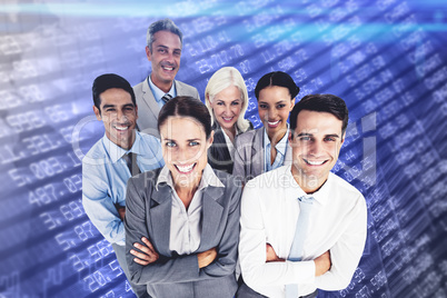 Composite image of smiling business people looking at camera wit