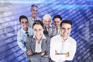 Composite image of smiling business people looking at camera wit