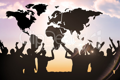 Composite image of silhouetters celebrating Composite image of silhouetters celebrating