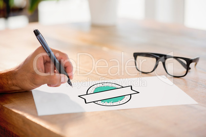 Composite image of side view of hand writing on white page on wo