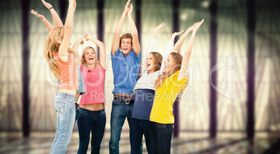 Composite image of group of friends cheering as they jump in the