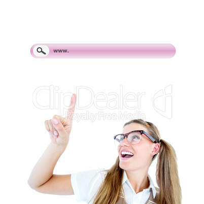 Composite image of happy geeky hipster pointing