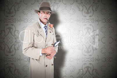 Composite image of spy looking through magnifier