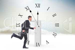 Composite image of businessman running