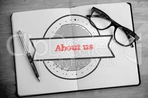 About us against overhead of open notebook with pen and glasses