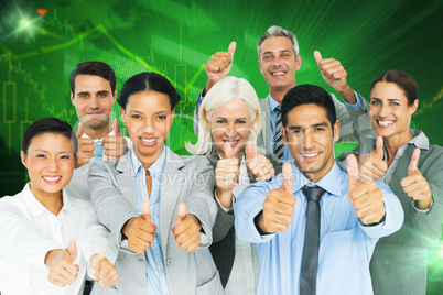 Composite image of happy business people with thumbs up looking