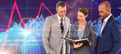 Composite image of businesswoman showing her notes to her collea