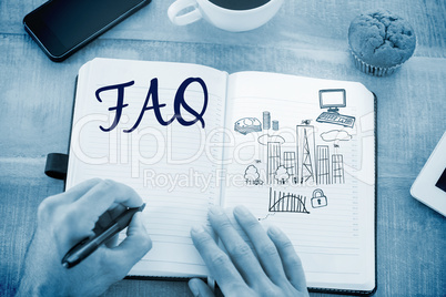 Faq against business and cityscape