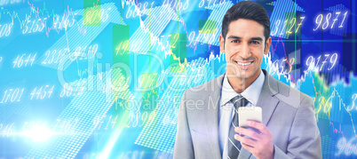 Composite image of businessman using mobile phone with colleague