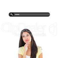 Composite image of happy casual woman thinking with hand on chin