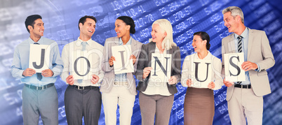 Composite image of business people holding letters sign