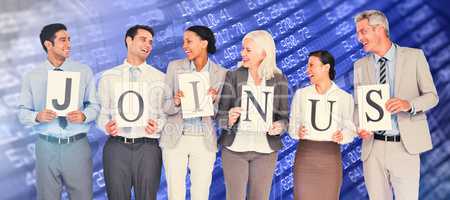 Composite image of business people holding letters sign