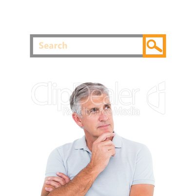 Composite image of casual man thinking with hand on chin