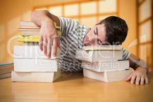 Composite image of student asleep in the library