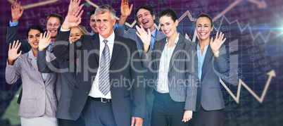 Composite image of smiling business team waving at camera