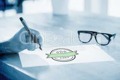 Composite image of side view of hand writing on white page on wo