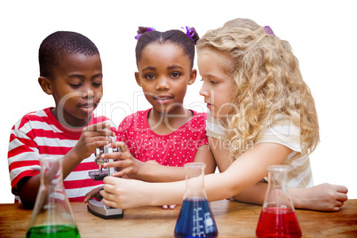 Composite image of cute pupil looking through microscope